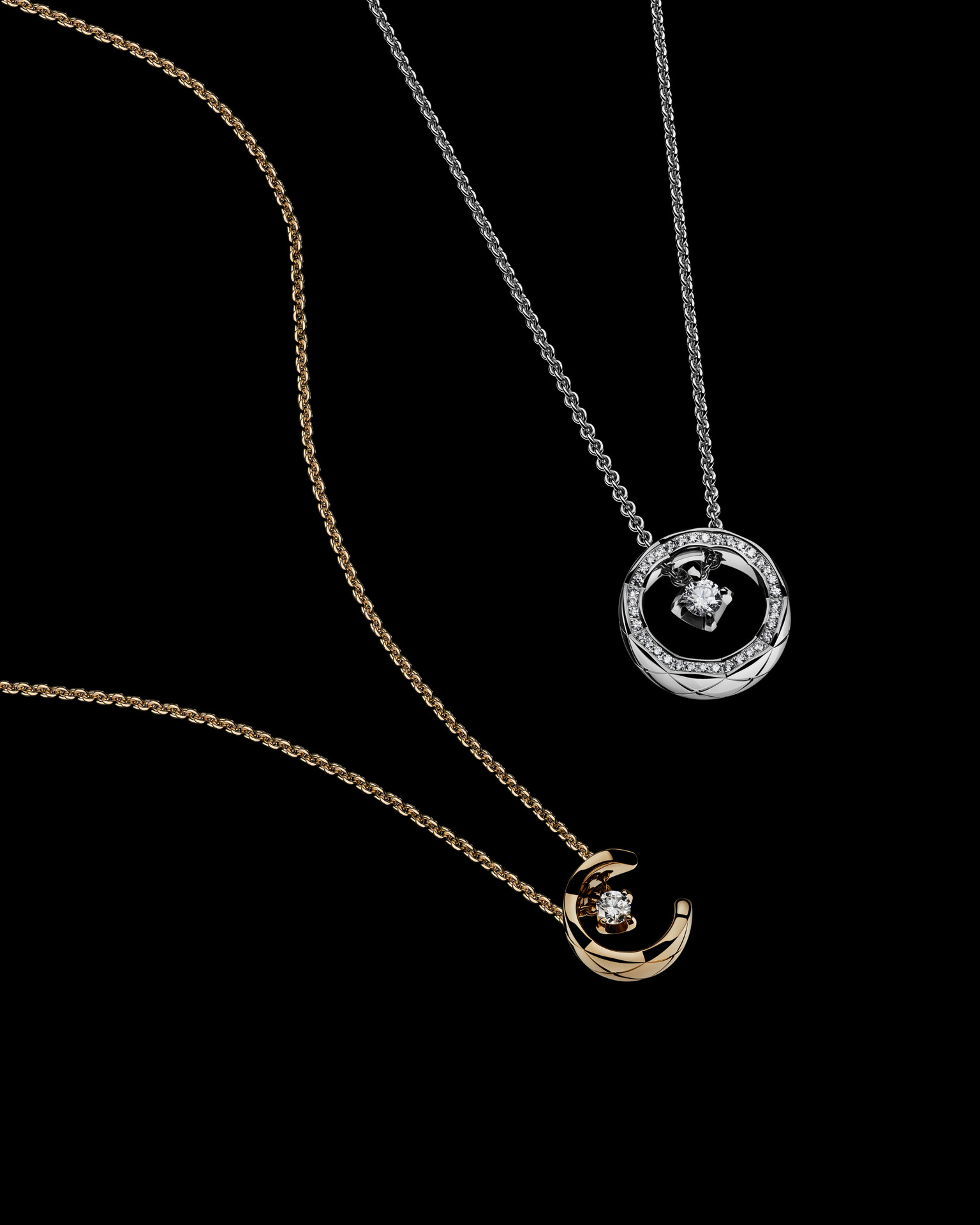 CAPTION_ COCO necklaces, quilted motif, in 18K BEIGE GOLD and white gold, diamonds