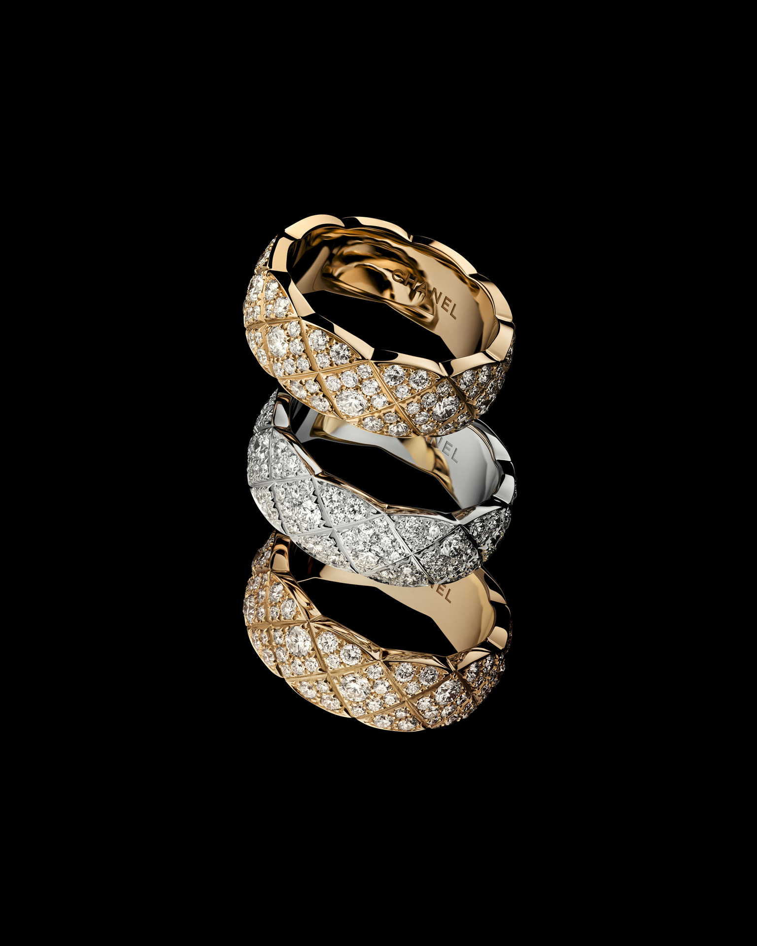 COCO CRUSH rings, small versions, quilted motif, in 18K BEIGE GOLD, yellow gold and white gold, diamonds