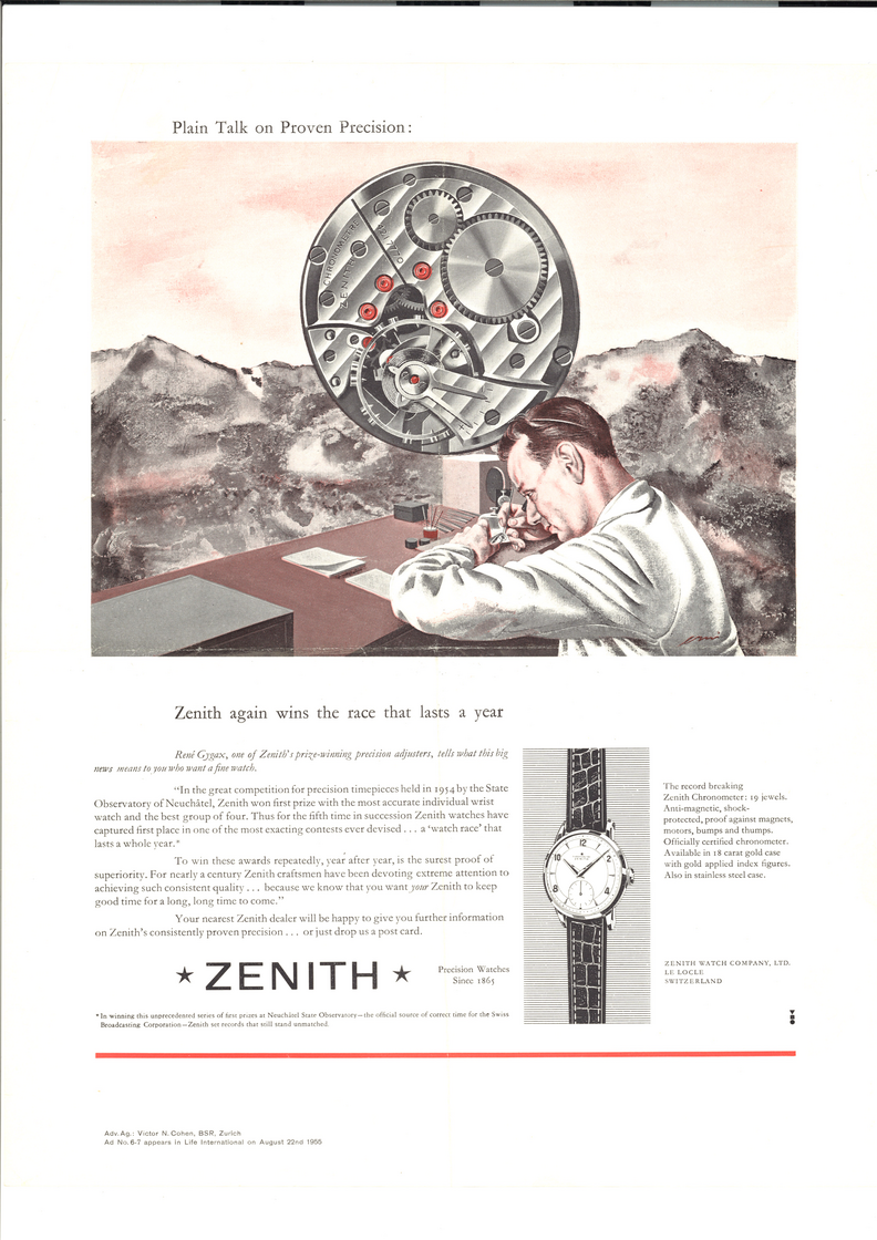 TTPM97_Zenith Vintage Ad, Plain Proven Precision Zenith Wins Again featuring Chronometrier René Gygax, 1954-5
