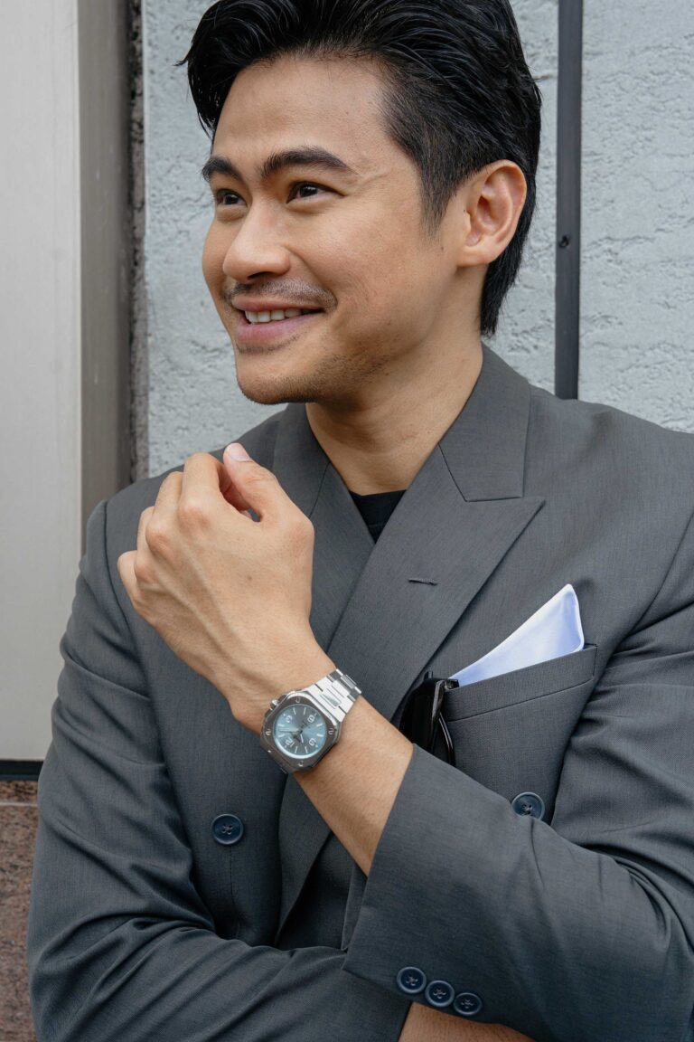 Mike Ethan, an actor, model, presenter, and official Friend of the Brand, wears the BR-05 36 mm with an ice blue dial