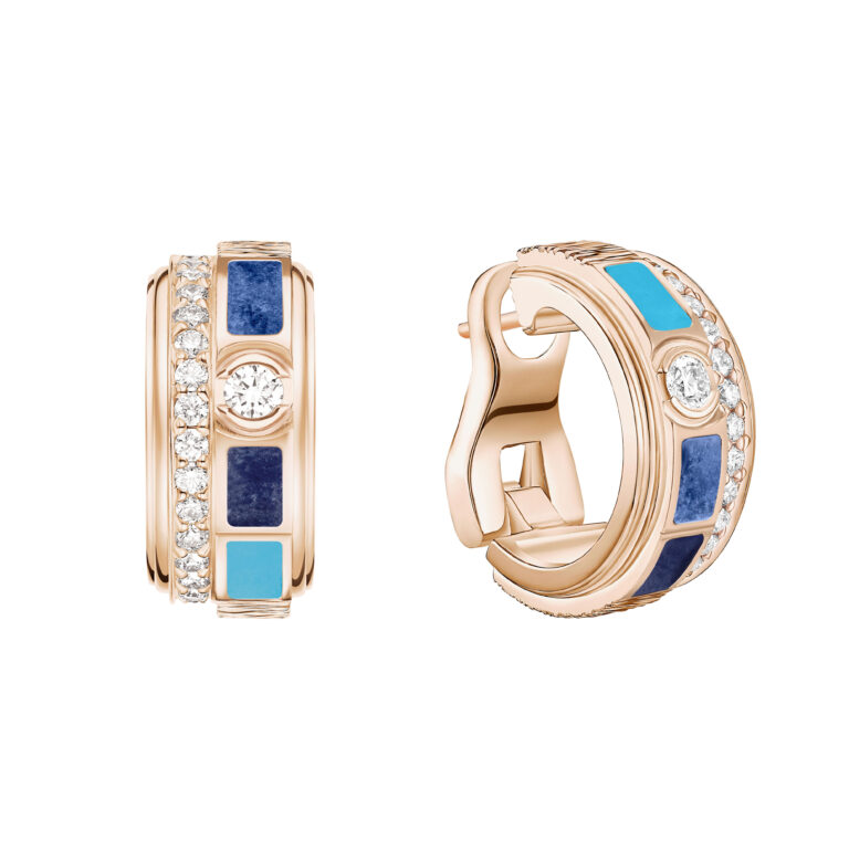 Possession Earrings (G38P5C00) in 4N pink gold, with Decor Palace engraving, racket system with post, diamonds, hard stone mosaic