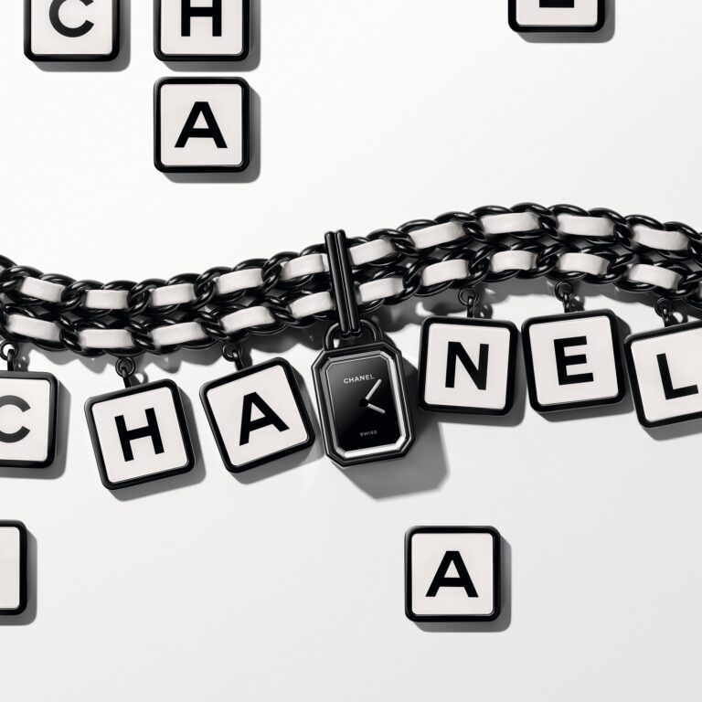 The Première Coco Game reinterprets CHANEL’s first watch in a playful way, featuring six swinging charms that spell “CHANEL”